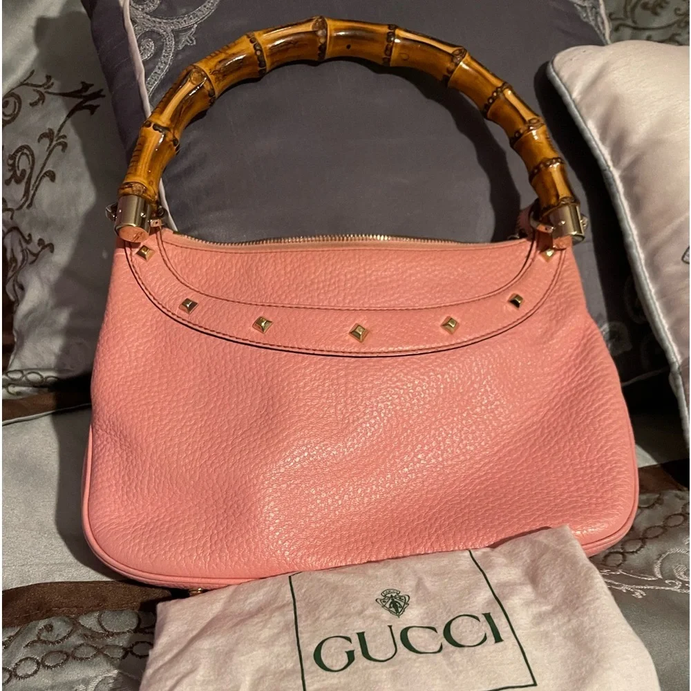 Authentic Pink Leather Gucci ANITA Handbag with Bamboo handle and bamboo zipper - Picture 1 of 17